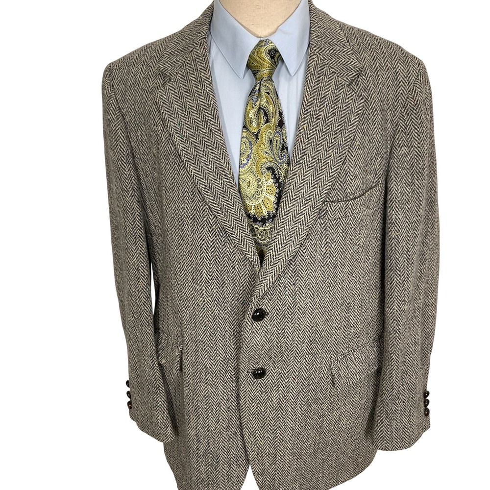Harris Tweed Blazer Men 46R Blue Multi Herringbone Multi Tweed Scottish Wool VTG